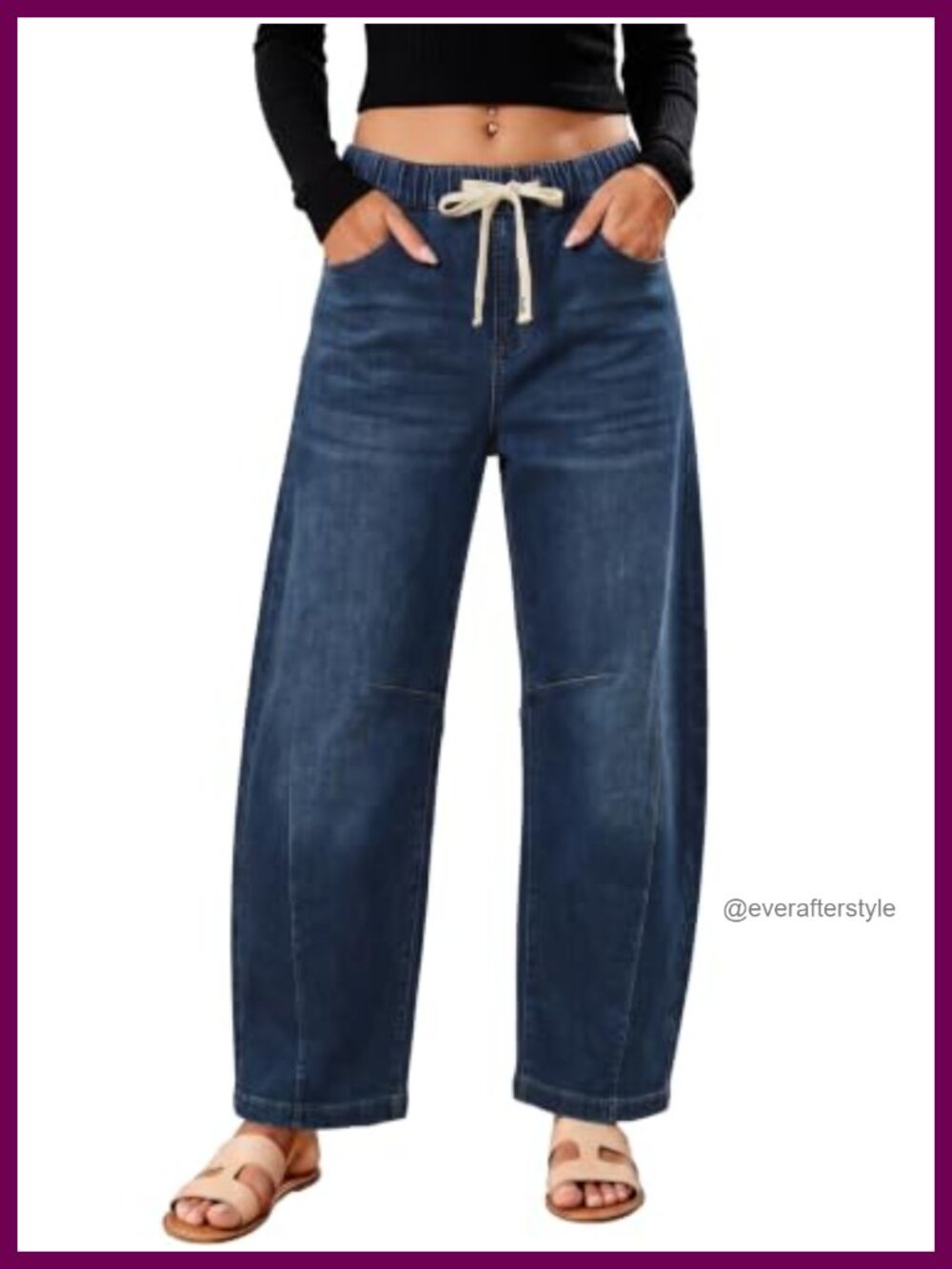 Women's Barrel Jeans Stretchy Wide Leg Drawstring High Waisted with Pockets